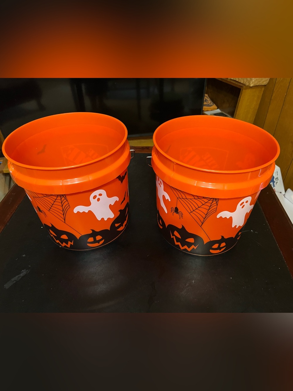 Orange Halloween Candy Buckets with Ghost & Jack-O'-Lantern Design - Set of 2